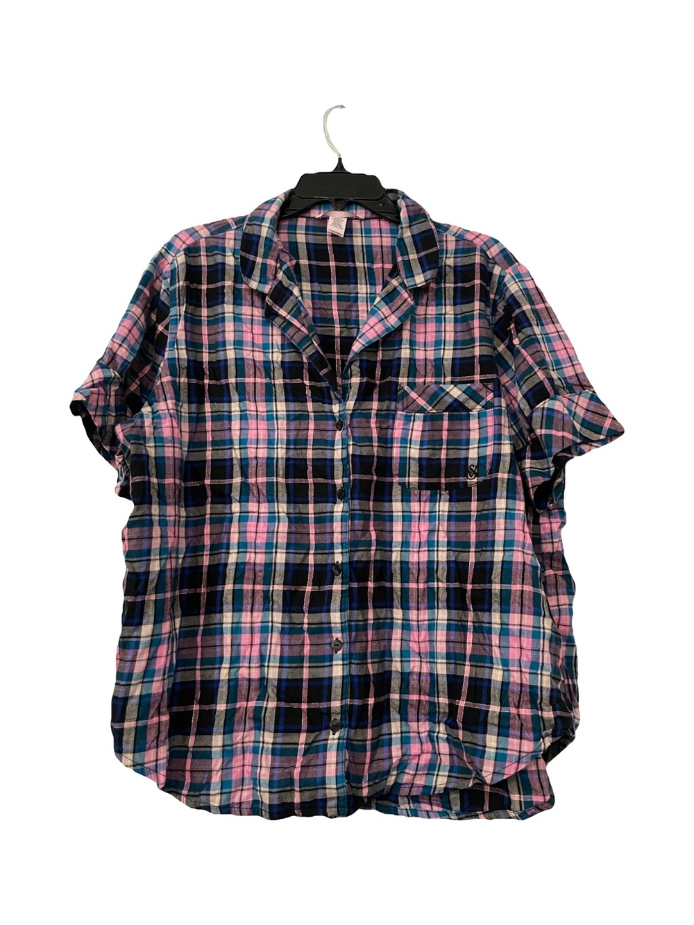 Victoria's Secret Pink & Navy Plaid Short-Sleeve Button-Down